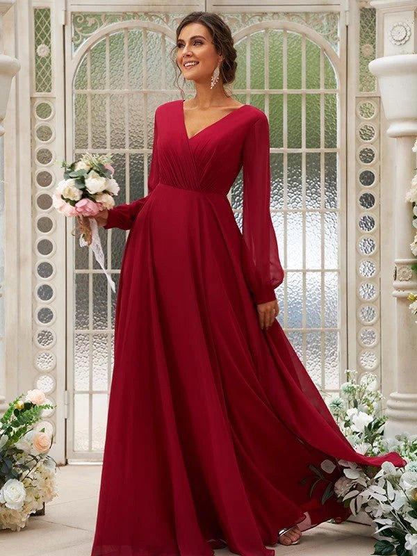 A-Line/Princess Chiffon Ruched V-neck Long Sleeves Floor-Length Bridesmaid Dresses - RongMoon