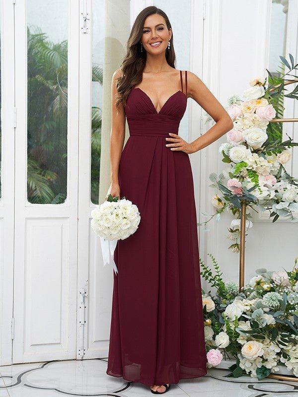 A-Line/Princess Chiffon Ruched V-neck Sleeveless Floor-Length Bridesmaid Dresses - RongMoon