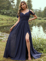 A-Line/Princess Chiffon Ruched V-neck Sleeveless Sweep/Brush Train Bridesmaid Dresses - RongMoon