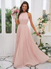 A-Line/Princess Chiffon Ruffles Halter Sleeveless Floor-Length Bridesmaid Dresses - RongMoon