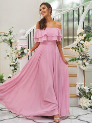 A-Line/Princess Chiffon Ruffles Off-the-Shoulder Sleeveless Floor-Length Bridesmaid Dresses - RongMoon