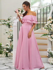 A-Line/Princess Chiffon Ruffles Off-the-Shoulder Sleeveless Floor-Length Bridesmaid Dresses - RongMoon