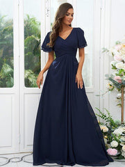 A-Line/Princess Chiffon Ruffles V-neck Short Sleeves Floor-Length Bridesmaid Dresses - RongMoon