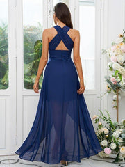 A-Line/Princess Chiffon Ruffles V-neck Sleeveless Asymmetrical Bridesmaid Dresses - RongMoon