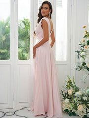 A-Line/Princess Jersey Ruffles V-neck Sleeveless Floor-Length Bridesmaid Dresses - RongMoon