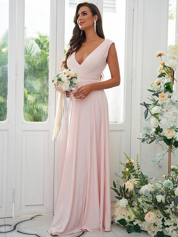 A-Line/Princess Jersey Ruffles V-neck Sleeveless Floor-Length Bridesmaid Dresses - RongMoon