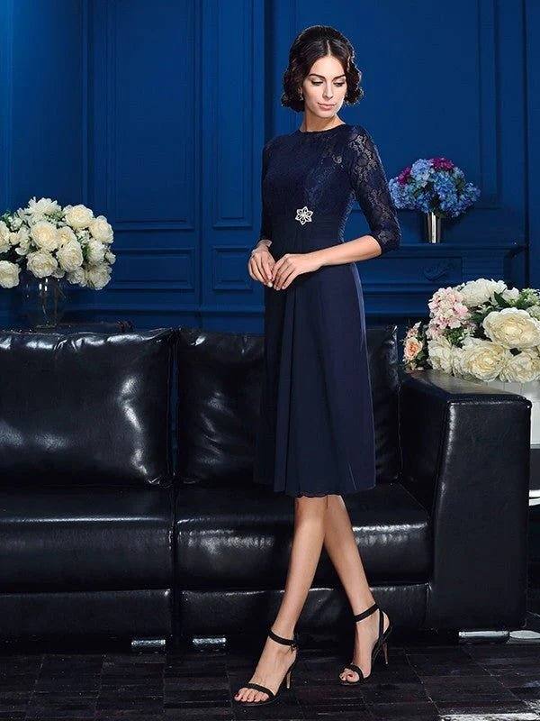 A-Line/Princess Jewel Lace 3/4 Sleeves Short Chiffon Mother of the Bride Dresses - RongMoon