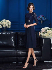 A-Line/Princess Jewel Lace 3/4 Sleeves Short Chiffon Mother of the Bride Dresses - RongMoon