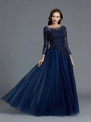A-Line/Princess Long Sleeves Scoop Beading Floor-Length Tulle Mother of the Bride Dresses - RongMoon