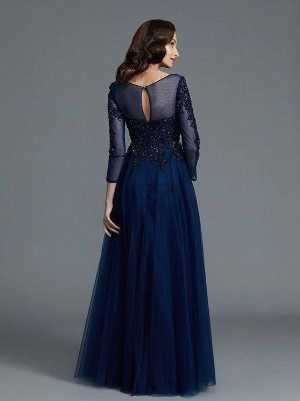 A-Line/Princess Long Sleeves Scoop Beading Floor-Length Tulle Mother of the Bride Dresses - RongMoon