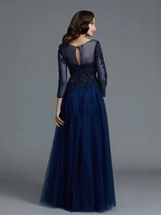 A-Line/Princess Long Sleeves Scoop Beading Floor-Length Tulle Mother of the Bride Dresses - RongMoon