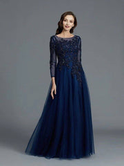 A-Line/Princess Long Sleeves Scoop Beading Floor-Length Tulle Mother of the Bride Dresses - RongMoon