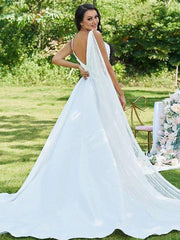 A-Line/Princess Satin Applique V-neck Sleeveless Sweep/Brush Train Wedding Dresses - RongMoon