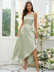 A-Line/Princess Silk like Satin Ruched One-Shoulder Sleeveless Tea-Length Bridesmaid Dresses - RongMoon