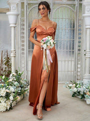 A-Line/Princess Silk like Satin Ruched Sweetheart Sleeveless Sweep/Brush Train Bridesmaid Dresses - RongMoon