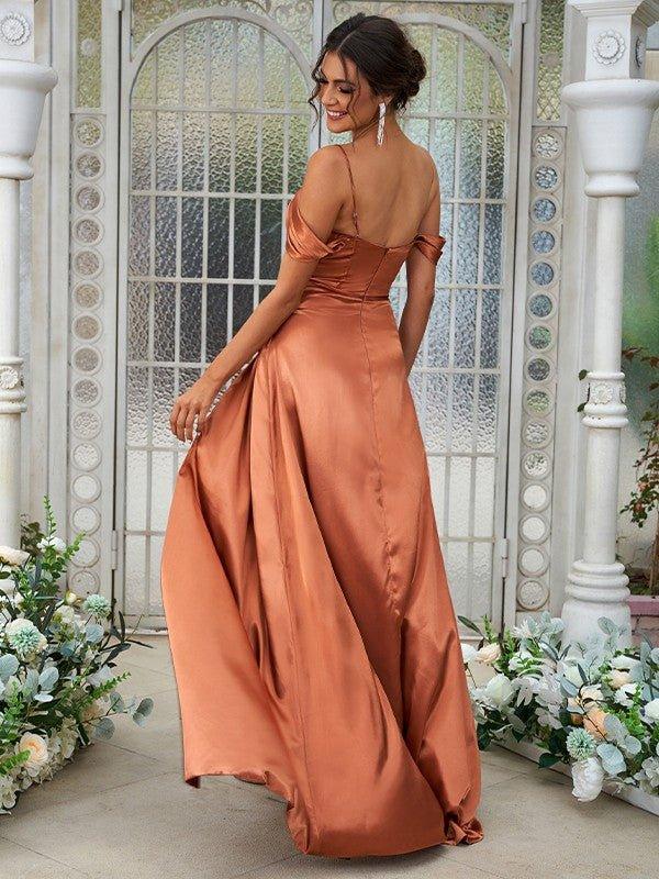 A-Line/Princess Silk like Satin Ruched Sweetheart Sleeveless Sweep/Brush Train Bridesmaid Dresses - RongMoon