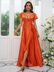 A-Line/Princess Silk like Satin Ruched V-neck Short Sleeves Floor-Length Bridesmaid Dresses - RongMoon