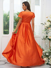 A-Line/Princess Silk like Satin Ruched V-neck Short Sleeves Floor-Length Bridesmaid Dresses - RongMoon