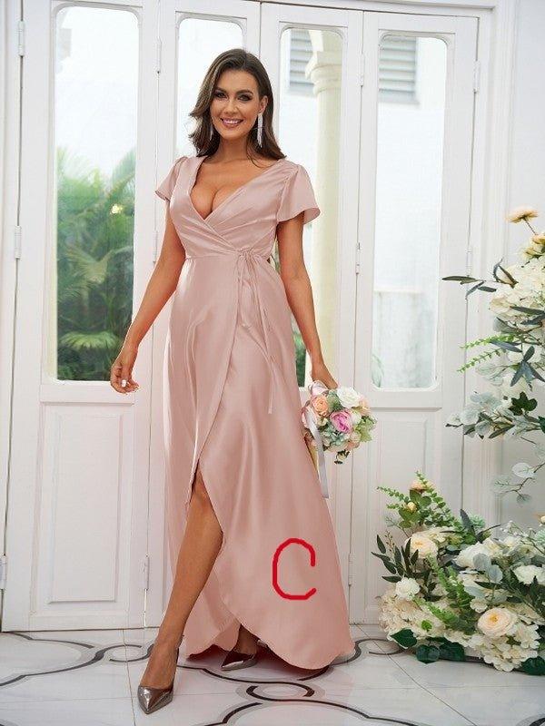 A-Line/Princess Silk like Satin Ruched V-neck Short Sleeves Floor-Length Bridesmaid Dresses - RongMoon