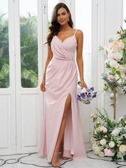 A-Line/Princess Stretch Crepe Ruched V-neck Sleeveless Floor-Length Bridesmaid Dresses - RongMoon