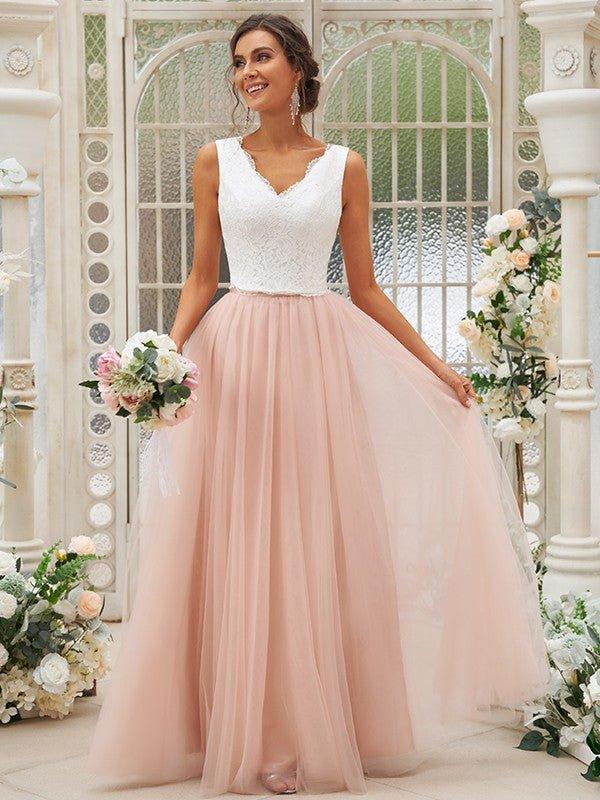 A-Line/Princess Tulle Lace V-neck Sleeveless Floor-Length Two Piece Bridesmaid Dresses - RongMoon