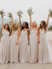 A-Line/Princess Tulle Ruched Spaghetti Straps Sleeveless Floor-Length Bridesmaid Dresses - RongMoon