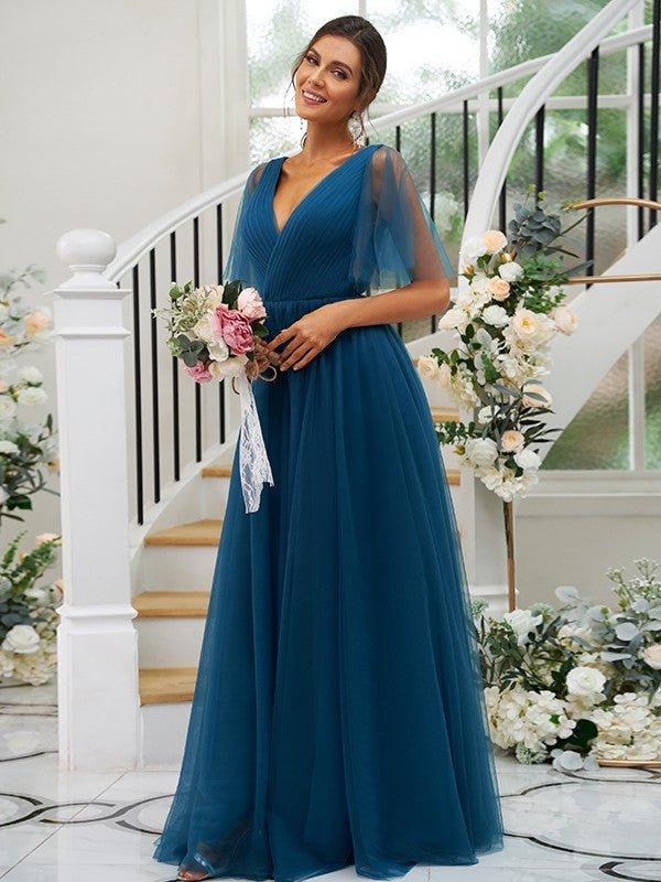 A-Line/Princess Tulle Ruffles V-neck Short Sleeves Floor-Length Bridesmaid Dresses - RongMoon