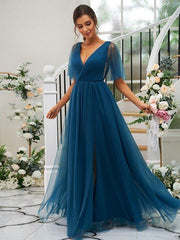 A-Line/Princess Tulle Ruffles V-neck Short Sleeves Floor-Length Bridesmaid Dresses - RongMoon