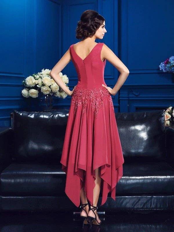A-Line/Princess V-neck Applique Sleeveless High Low Chiffon Mother of the Bride Dresses - RongMoon