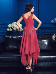 A-Line/Princess V-neck Applique Sleeveless High Low Chiffon Mother of the Bride Dresses - RongMoon