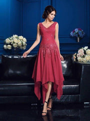 A-Line/Princess V-neck Applique Sleeveless High Low Chiffon Mother of the Bride Dresses - RongMoon