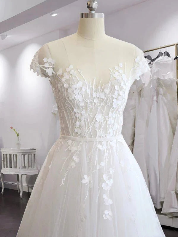 A-Line/Princess V-neck Court Train Short Sleeves Applique Tulle Wedding Dresses - RongMoon