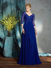 A-Line/Princess V-neck Sequin 3/4 Sleeves Long Chiffon Mother of the Bride Dresses - RongMoon