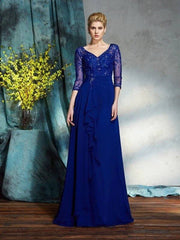 A-Line/Princess V-neck Sequin 3/4 Sleeves Long Chiffon Mother of the Bride Dresses - RongMoon