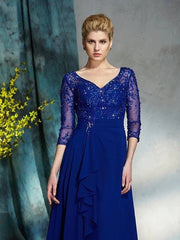 A-Line/Princess V-neck Sequin 3/4 Sleeves Long Chiffon Mother of the Bride Dresses - RongMoon