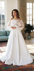 Straight Neck Satin With Lace A-line Long Wedding Dresses.DB10103