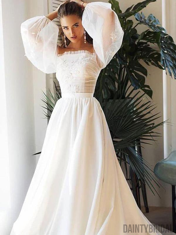 Straight Neck Satin With Lace A-line Long Wedding Dresses.DB10103