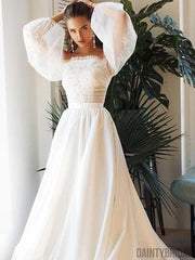 Straight Neck Satin With Lace A-line Long Wedding Dresses.DB10103