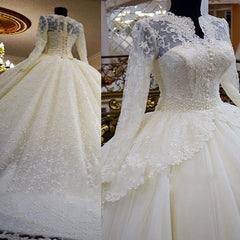 Vintage Unique Gorgeous Ball Gown Full Ivory Lace Beading Long Sleeve Elegant Lace Up Back Wedding Dress,DB088