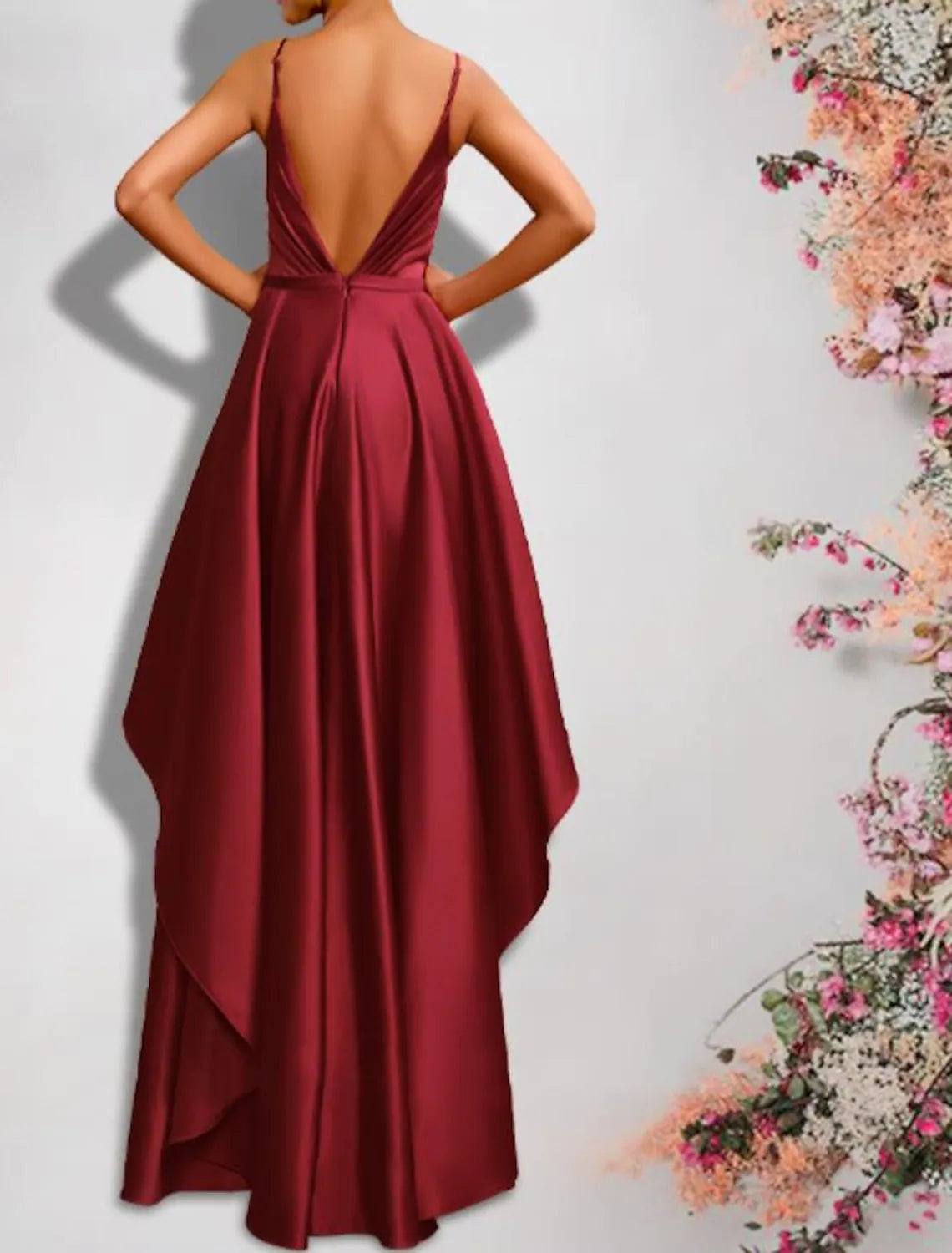 A-Line Bridesmaid Dress V Neck / Spaghetti Strap Sleeveless Sexy Floor Length Satin with Pleats - RongMoon