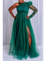 A-Line Prom Dresses Plus Size Dress Wedding Guest Sweep / Brush Train Long Sleeve One Shoulder Wednesday Addams Family Tulle with Slit Pure Color
