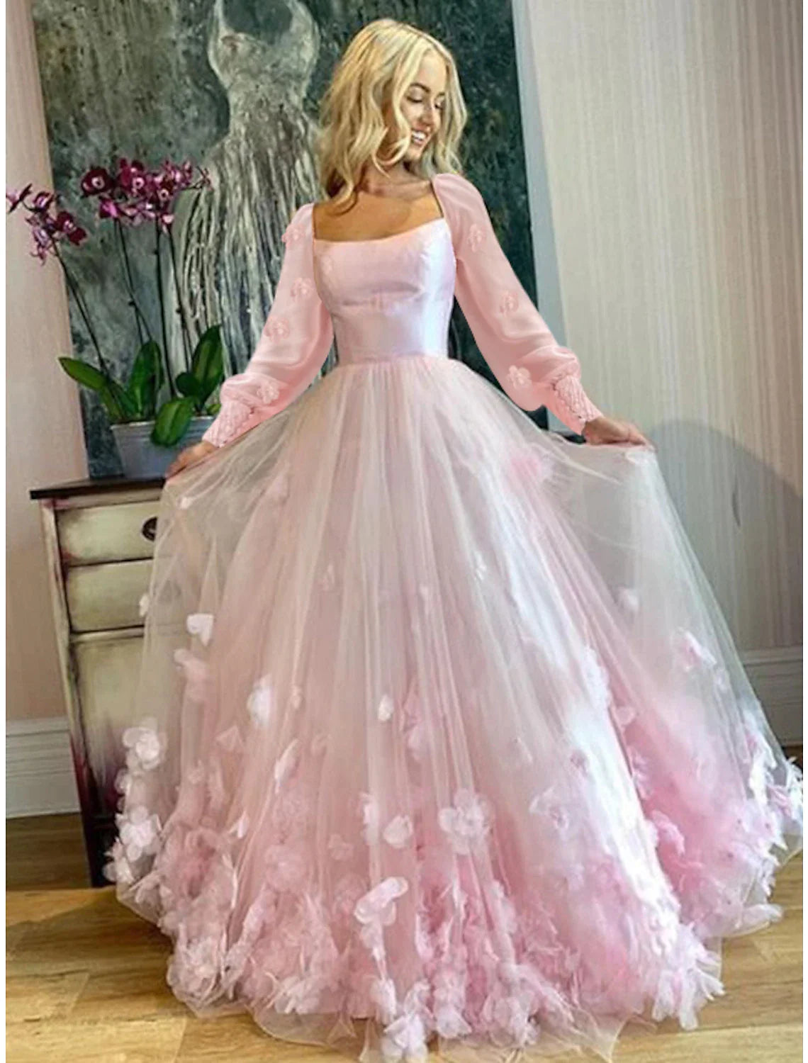 A-Line Prom Dresses Maxi Dress Sweet 16 Birthday Floor Length Long Sleeve Scoop Neck Tulle with Appliques Butterfly