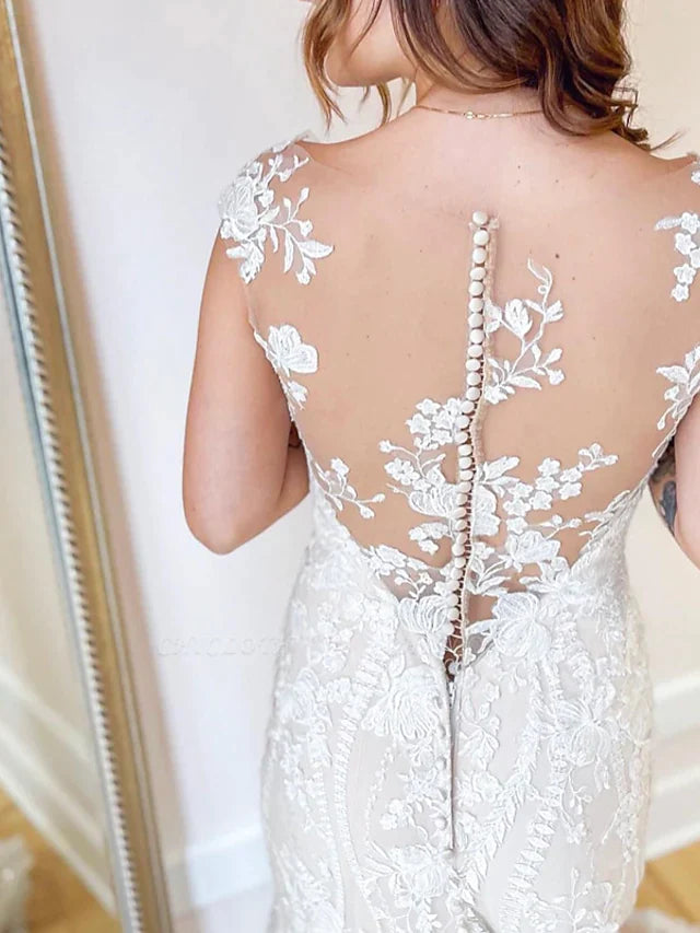 Hall Wedding Dresses Chapel Train Mermaid / Trumpet Sleeveless Jewel Neck Lace With Buttons Appliques - RongMoon