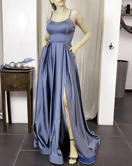 Spaghetti Straps Split Satin Bridesmaid Dresses Lace Up Back