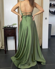 Spaghetti Straps Split Satin Bridesmaid Dresses Lace Up Back