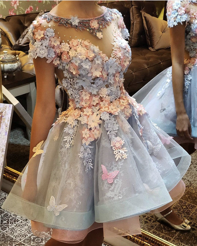 3D Flowers Embroidery Ruffles Lace Homecoming Dresses Short