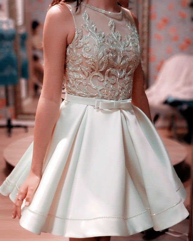 Short Satin Prom Homecoming Dresses Embroidery