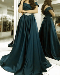 Off Shoulder Beaded Sashes Satin Dresses Long