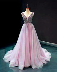 Luxurious Pearl Beaded V Neck Tulle Prom Dresses Long - RongMoon