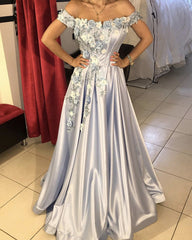 Off The Shoulder Satin Floor Length Dresses 3D Lace Flowers Beaded
